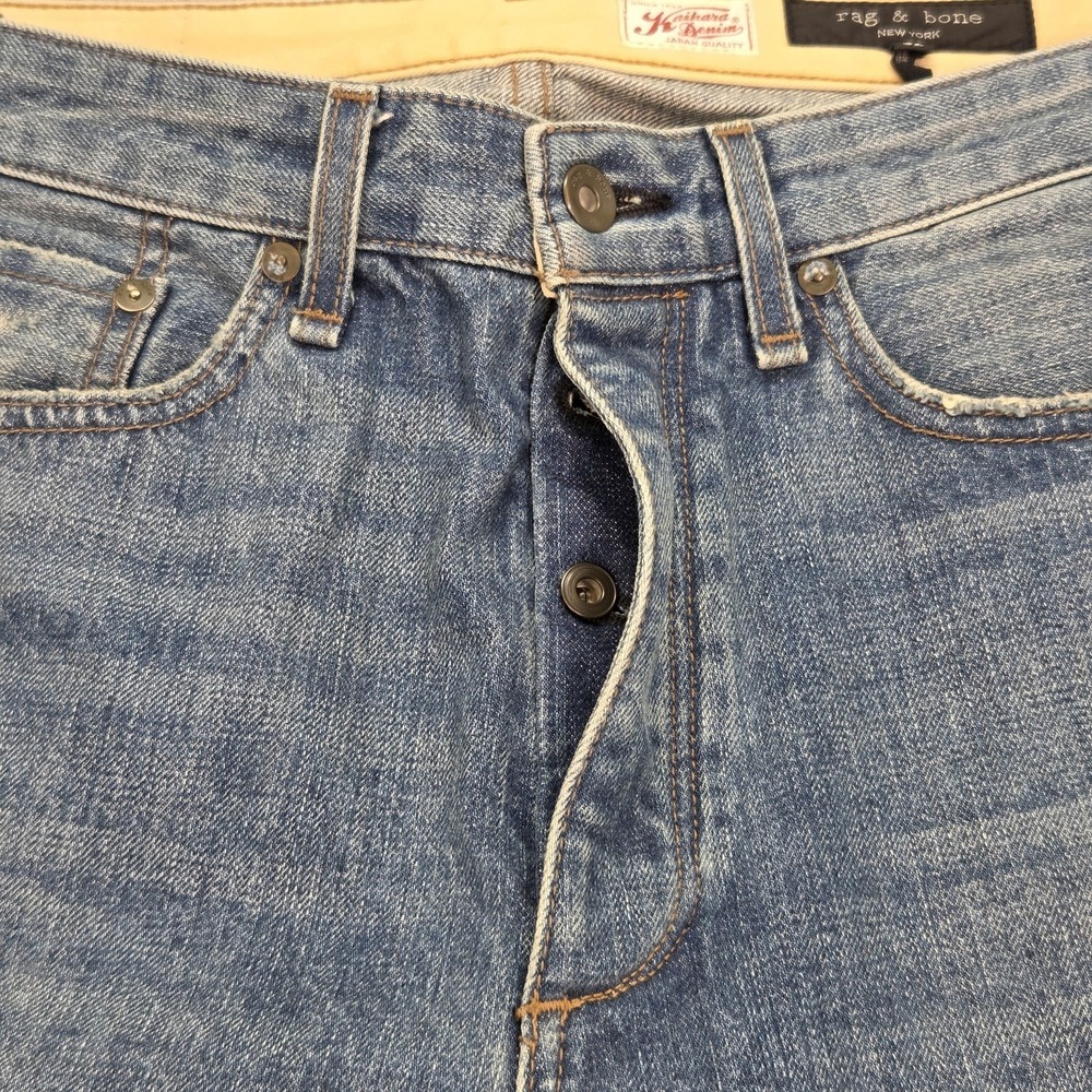 Rag & Bone Greenwich Jeans Mens Blue Straight Distressed Button Fly Fits 34x34 - Picture 8 of 12